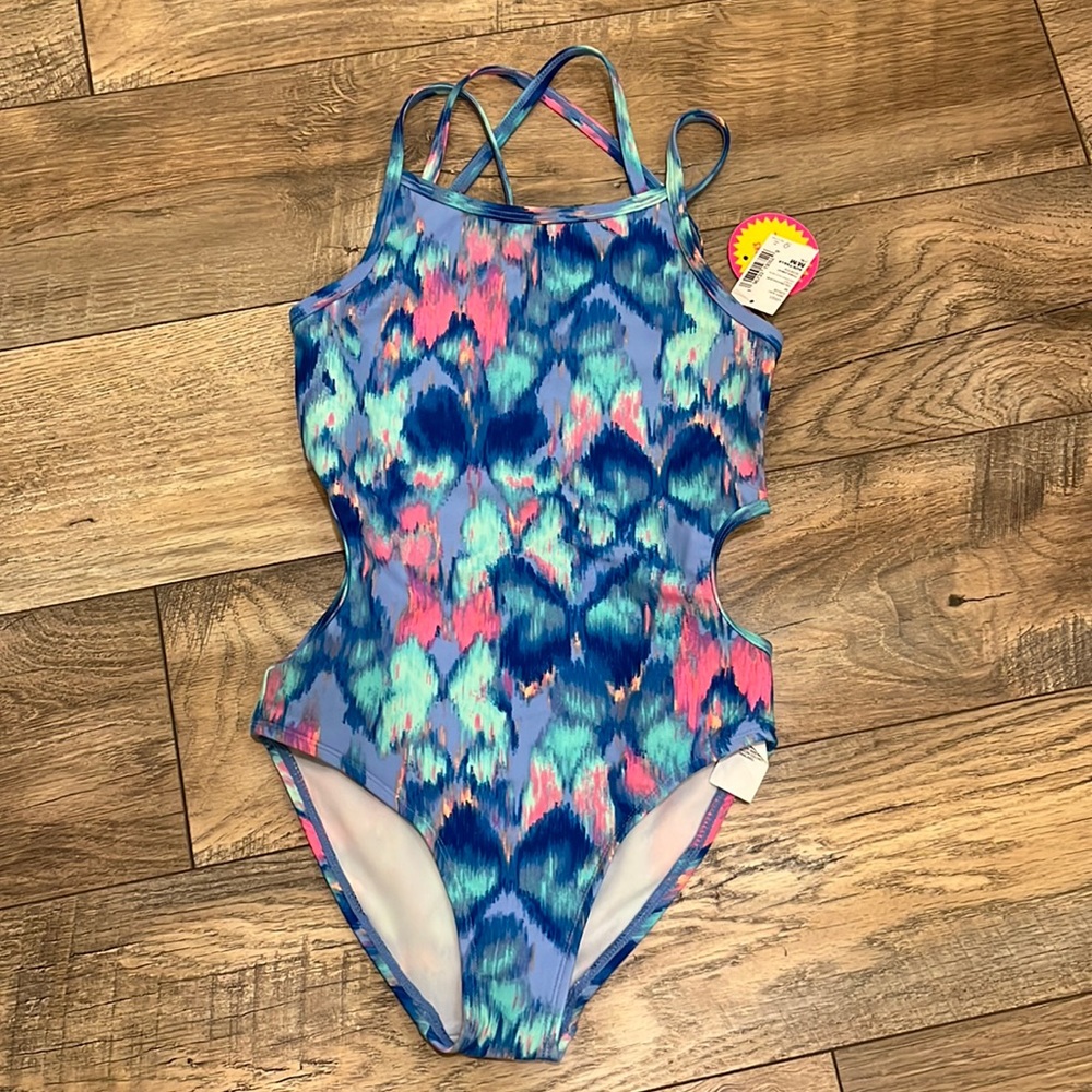 Girls one piece side cut out butterflies watercolor print bathing suit